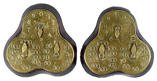 PAIR OF BRASS BEZIQUE MARKERS ON