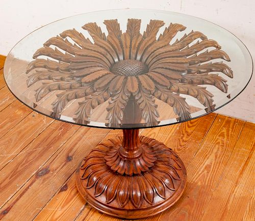 ROSEWOOD CARVED PEDESTAL TABLE, GLASS