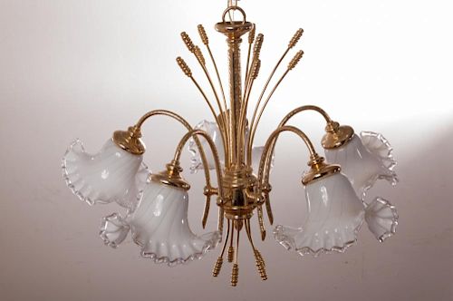 BRASS CHANDELIER W/ RUFFLED GLASS