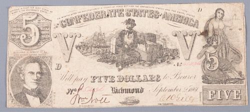 1861 CONFEDERATE 5 BILL RICHMOND  3862df