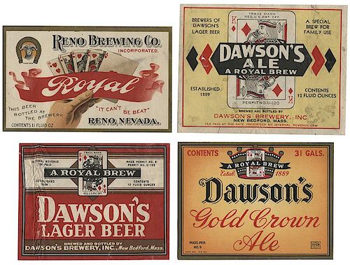 FIVE BEER LABELS WITH PLAYING CARDS.Five