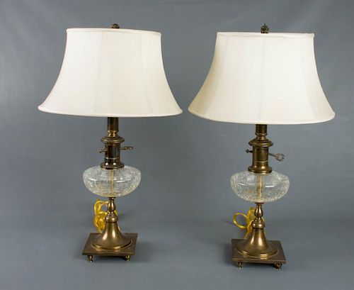 ANTIQUE BRASS & CRACKLED GLASS LAMPS,