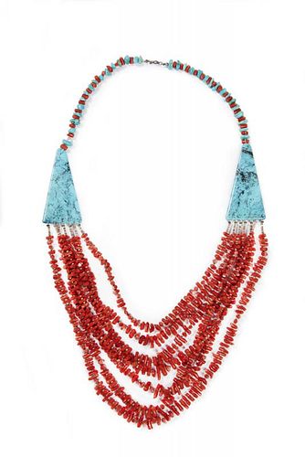 TURQUOISE AND CORAL NAVAJO NECKLACETurquoise 386d73