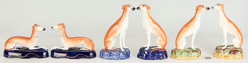 6 STAFFORDSHIRE POTTERY WHIPPETS,