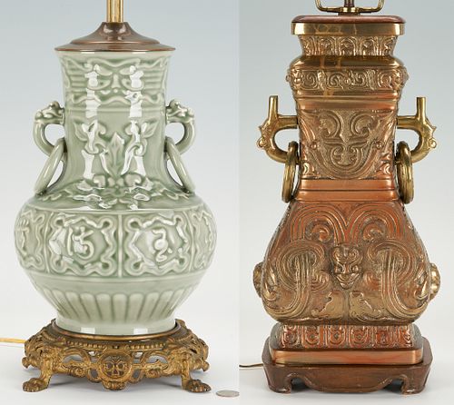 2 CHINESE LAMPS, CELADON PORCELAIN &