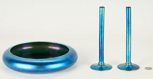 STEUBEN BLUE AURENE BOWL & PAIR OF CANDLESTICKSSteuben