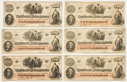 6 1862 VIRGINIA $100 CSA CURRENCY NOTESGrouping