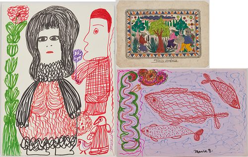 3 FOLK ART DRAWINGS, INCL. MAMA