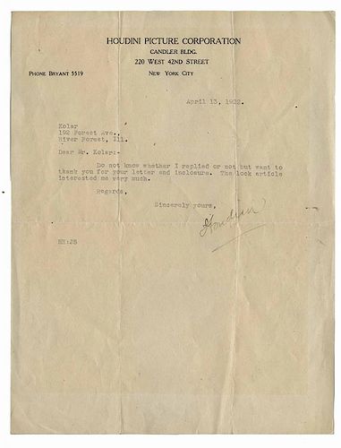 HOUDINI, HARRY. HOUDINI TYPED LETTER