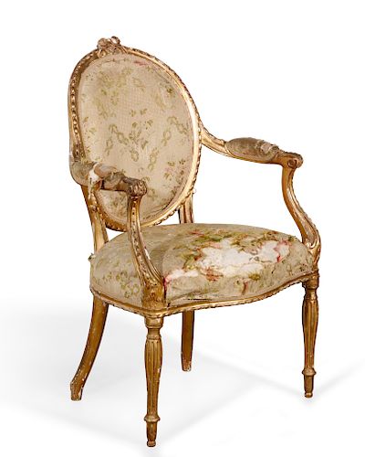 A GEORGE III CARVED GILTWOOD ARMCHAIRA