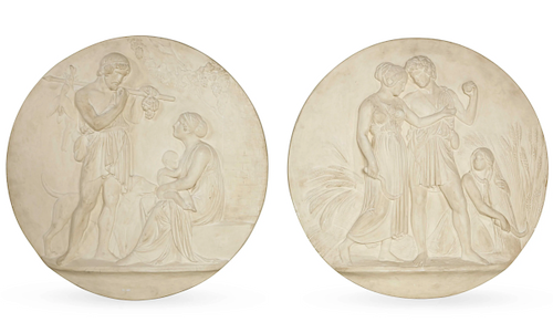 PAIR MOLDED PLASTER RELIEF PLAQUES,