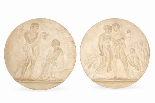 PAIR MOLDED PLASTER RELIEF PLAQUES,