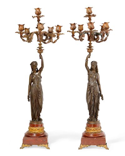 PAIR FRENCH BRONZE & MARBLE FIGURAL