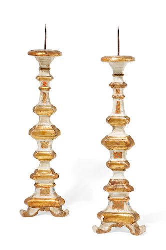 A PAIR OF BAROQUE GILT AND PAINTED