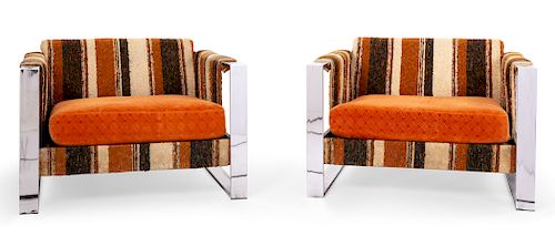 PAIR UPHOLSTERED CHROME CHAIRS,