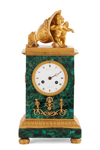 AN EMPIRE MALACHITE MANTEL CLOCK,