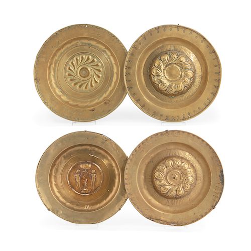 FOUR CONTINENTAL BRASS ALMS DISHES,