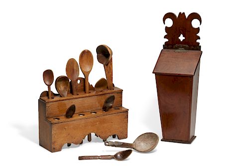 AN ENGLISH SPOON RACK, SPOONS &