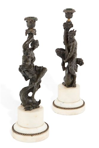 A PAIR OF FRENCH BRONZE AND MARBLE