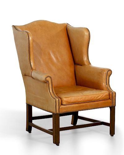 A GEORGE III MAHOGANY WING ARMCHAIR,