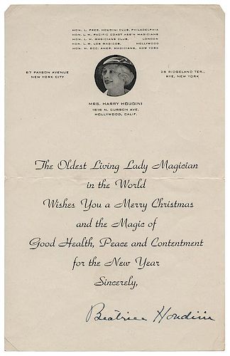 CHRISTMAS CARD SIGNED BY BESS HOUDINI