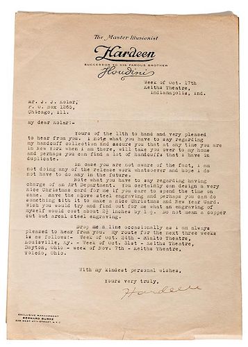 PAIR OF TYPED LETTERS SIGNED, “HARDEEN,”