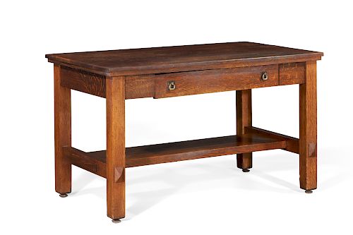 AN ARTS AND CRAFTS OAK LIBRARY TABLE,