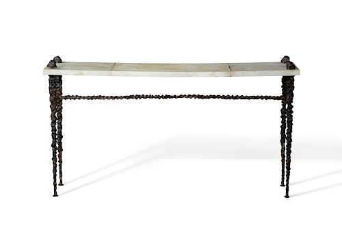 A PATINATED BRONZE AND VELLUM CONSOLE