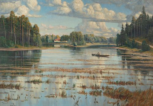 WILHELM DAHLBOM, OIL, RIVER LANDSCAPE,