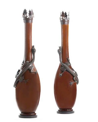 PAIR OF BRONZE MOUNTED GLAZED EARTHENWARE 38541c