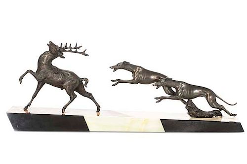 AN ART DECO METAL AND MARBLE HOUNDS