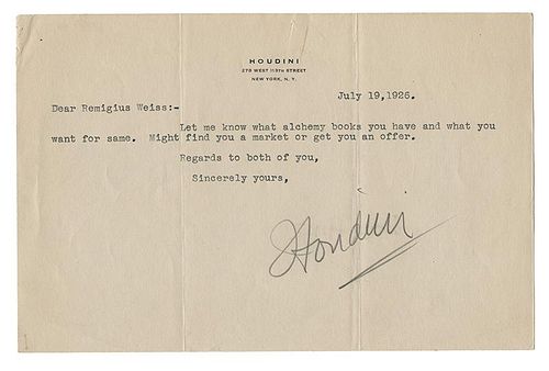 TYPED LETTER SIGNED BY HOUDINI.Houdini,