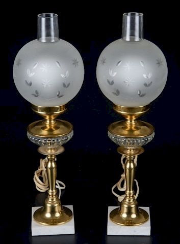 BRASS GLASS MARBLE BASE LAMPSPair 385721