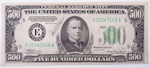 ANTIQUE U S 500 BILL1934 Federal 38574a