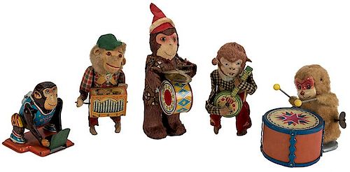 FIVE VINTAGE WIND-UP MONKEY PLUSH