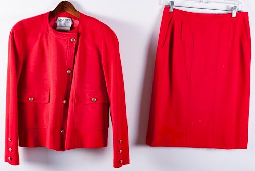 CHANEL RED WOOL SKIRT & JACKET