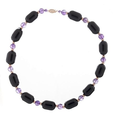 BLACK ONYX, AMETHYST AND GOLD NECKLACETwelve