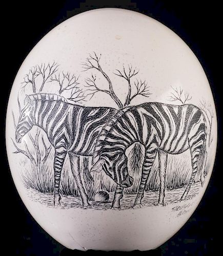 ETCHED OSTRICH EGG OF ZEBRASEtched ostrich