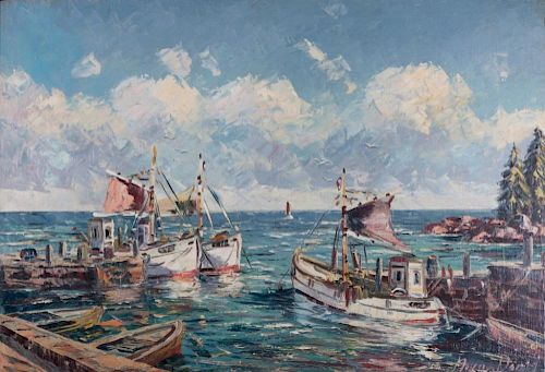 HARBOR SCENE OIL ON LAID BOARDSigned