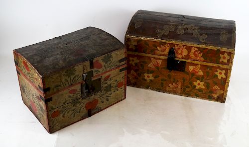 TWO FOLK ART DECORATED DOME TRUNKSTwo