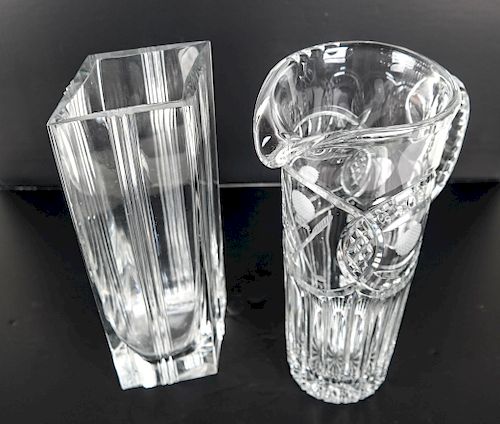 TALL CRYSTAL VASE & A PITCHERTall