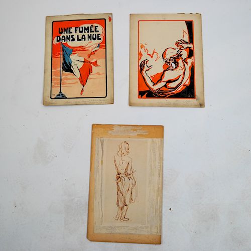 THREE UNFRAMED ART WORKS (FRENCH,