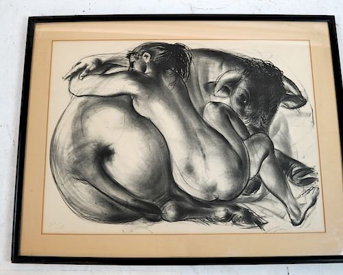 LITHOGRAPH: NUDE WOMAN & BULLLithograph