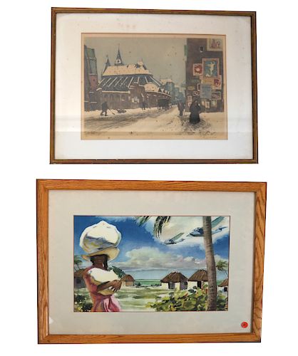 TWO PRINTS: STREET SCENE & ISLAND WITH