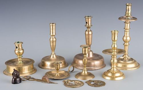 GROUP EARLY BRASS CANDLESTICKS 38869a