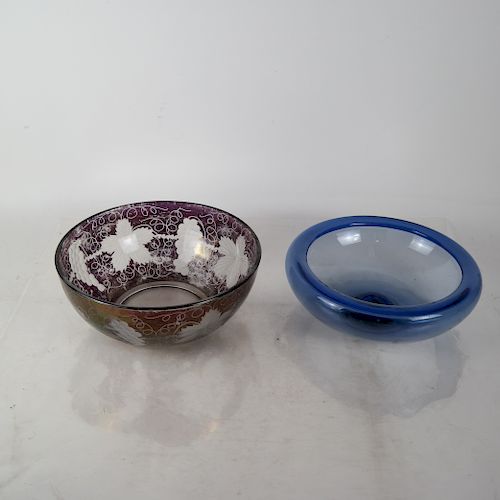 TWO CRYSTAL BOWLS, BLUE & FRUIT DESIGNA