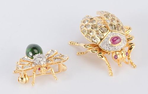 2 JEWELED BEETLE AND BEE PINS1st