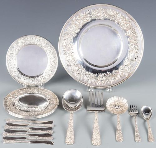 KIRK REPOUSSE STERLING PLATES, FLATWARE,