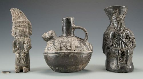 3 PERUVIAN CHIMU BLACKWARE POTTERY ITEMS1st