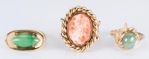 GROUP 14K CORAL AND JADE RINGS1st 38892b